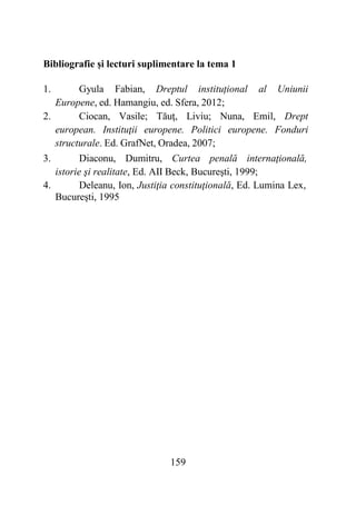 159
Bibliografie și lecturi suplimentare la tema 1
1. Gyula Fabian, Dreptul instituțional al Uniunii
Europene, ed. Hamangiu, ed. Sfera, 2012;
2. Ciocan, Vasile; Tăuţ, Liviu; Nuna, Emil, Drept
european. Instituţii europene. Politici europene. Fonduri
structurale. Ed. GrafNet, Oradea, 2007;
3. Diaconu, Dumitru, Curtea penală internaţională,
istorie şi realitate, Ed. AII Beck, Bucureşti, 1999;
4. Deleanu, Ion, Justiţia constituţională, Ed. Lumina Lex,
Bucureşti, 1995
 