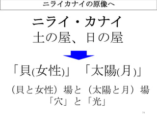 74
ニライカナイの原像へ
ニライ・カナイ
土の屋、日の屋
「貝(女性)」「太陽(月)」
（貝と女性）場と（太陽と月）場
「穴」と「光」
 