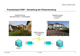 13Dr. Peter Wolff 28.10.2008
Praxisbeispiel VOIP – Darstellung der Pilotanwendung
WAN-Verbindung
über Telekom
4 Mbit
Standort Vorwerk
rd. 80 Telefone
rd. 50 PC
Haupteinrichtung
Bad Oeynhausen - Volmerdingsen
 