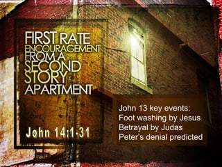 John 14:1-31 John 13 key events: Foot washing by Jesus Betrayal by Judas Peter’s denial predicted 