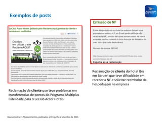 Exemplos de posts

Reclamação de cliente do hotel Ibis
em Barueri que teve dificuldade em
receber a NF e solicitar reembolso da
hospedagem na empresa
Reclamação de cliente que teve problemas em
transferencias de pontos do Programa Multiplus
Fidelidade para o LeClub Accor Hotels

Base amostral: 129 depoimentos, publicados entre junho e setembro de 2013.

 