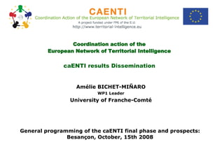 Coordination action of the European Network of Territorial Intelligence caENTI results Dissemination Amélie BICHET-MIÑARO WP1 Leader University of Franche-Comté General programming of the caENTI final phase and prospects: Besançon, October, 15th 2008 
