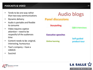 PODCASTS & VIDEO Tends to be one-way rather than two-way communications Dynamic delivery Audio is portable and flexible to consume Video requires captive attention – need to be respectful of the audiences time Content needs to be: original, interesting, humourous Two’s company – have a sidekick Succinct Audio blogs Q&A interviews Executive speeches Panel discussions Storytelling Self-guided  product tour Online learning 