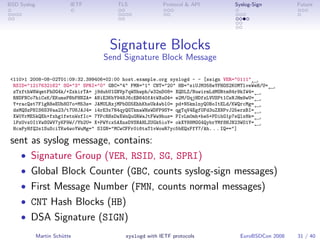 BSD Syslog                IETF        TLS              Protocol & API           Syslog-Sign         Future




                                    Signature Blocks
                                 Send Signature Block Message

 <110>1 2008-08-02T01:09:32.399406+02:00 host.example.org syslogd - - [ssign VER="0111"←
  RSID="1217632162" SG="3" SPRI="0" GBC="4" FMN="1" CNT="20" HB="siUJM358eYFHOS2K0MTlveWeH/U=←
  zTxfthW8WqmtFhOG4k/+ZxkirTA= j9dubU1GNVp7qWShwph/w32nD08= XQDLZ/NuwirmLdMORtm84r9kIW4=←
  RNDFNCo7hiCsK/EKumsPBbFHNZA= ANiE3KbY948J6cEB640fAtWXuO4= e2M/OqjHDfxLVUSPt1CsNJHm9wU=←
  Y+racQst7F1gR8eEUh8O7o+M53s= JAMULRxjMPbOO5EhhKbsUkAwbl0= pd+N5kmlnyQ0BoItELd/KWQrcMg=←
  dsMQSzPHIS6S3Vaa23/t7U8JAJ4= i4rE3x7N4qyQGTkmaWHsWDFP9SY= qgTqV4EgfUFd3uZXNPvJ25erzBI=←
  XW0YrME5kQEh+fxhg1fetnWxfIc= 7YPcRHsDwXWnQuGRWaJtFWw9hus= PIvLm0mh+he5+PDihG1p7sQlx8k=←
  lPzUvx0I1VwSGWV7yKF9W//Yb2U= X+PWYcx5AXnsDVSNAHLZUGk5ioY= okXY88MGG4QybrYMf8HJN23WO1Y=←
  HcaPyHfQ2s1SuSciTKw4woYWuMg=" SIGN="MCwCFFr0i6taT1vWowR7yc5bEQxFfY7/Ah. . . IQ=="]

 sent as syslog message, contains:
   • Signature Group (VER, RSID, SG, SPRI)
   • Global Block Counter (GBC, counts syslog-sign messages)
   • First Message Number (FMN, counts normal messages)
   • CNT Hash Blocks (HB)
   • DSA Signature (SIGN)
             Martin Schütte              syslogd with IETF protocols              EuroBSDCon 2008   31 / 40
 