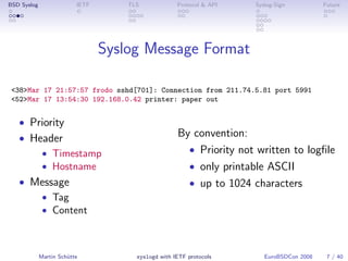 BSD Syslog                IETF       TLS             Protocol & API   Syslog-Sign          Future




                    ...