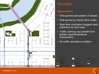 Observations Fine-grained grid pattern of streets Well served by transit (5min walk) Rear-lane orientation suggest early intentions for land uses Traffic calming may benefit from greater signed/signalized intersections No traffic operations problem Circulation 