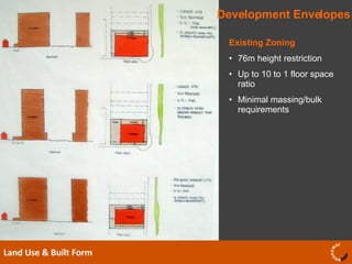 Development Envelopes Land Use & Built Form  Existing Zoning 76m height restriction Up to 10 to 1 floor space ratio Minimal massing/bulk requirements 