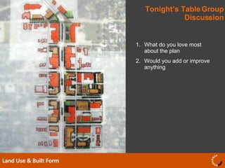 Tonight’s Table Group Discussion Land Use & Built Form  What do you love most about the plan Would you add or improve anything  