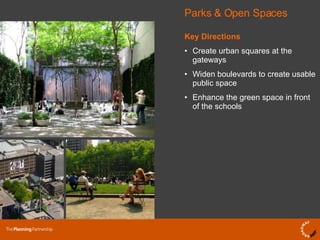 Key Directions Create urban squares at the gateways Widen boulevards to create usable public space Enhance the green space in front of the schools Parks & Open Spaces 