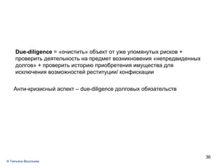 Due-diligence  = «очистить» объект от уже упомянутых рисков + проверить деятельность на предмет возникновения «непредвиденных долгов» + проверить историю приобретения имущества для исключения возможностей реституции/ конфискации ®  Татьяна Васильева Анти-кризисный аспект –  due-diligence  долговых обязательств 