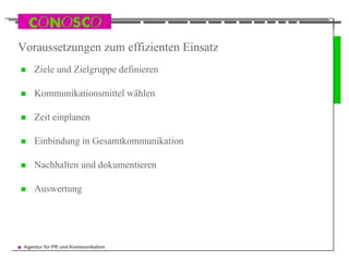 Voraussetzungen zum effizienten Einsatz Ziele und Zielgruppe definieren Kommunikationsmittel wählen Zeit einplanen Einbindung in Gesamtkommunikation Nachhalten und dokumentieren Auswertung 