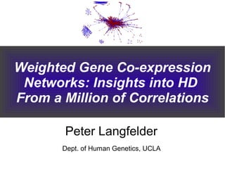 Peter Langfelder
Dept. of Human Genetics, UCLA
Weighted Gene Co-expression
Networks: Insights into HD
From a Million of Correlations
 