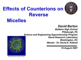 David Barton Baldwin High School Pittsburgh, PA Science and Engineering Apprenticeship Program Naval Research Laboratory Washington, DC Mentor:  Dr. David A. Kidwell 10 August 2007 Effects of Counterions on  Reverse Micelles www.bioeng.cstm.kyushu-u.ac.jp  