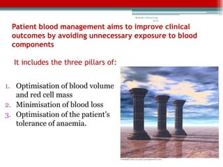 Bedside Critical Care
                                                      2012


  Patient blood management aims to improve clinical
  outcomes by avoiding unnecessary exposure to blood
  components

  It includes the three pillars of:


1. Optimisation of blood volume
   and red cell mass
2. Minimisation of blood loss
3. Optimisation of the patient’s
   tolerance of anaemia.
 