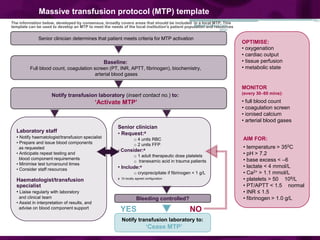 Massive transfusion protocol (MTP) template
The information below, developed by consensus, broadly covers areas that should be included in a local MTP. This
                                                                                                Bedside Critical Care
template can be used to develop an MTP to meet the needs of the local institution's patient population and resources
                                                                                                             2012

              Senior clinician determines that patient meets criteria for MTP activation
                                                                                                                        OPTIMISE:
                                                                                                                        • oxygenation
                                                                                                                        • cardiac output
                                                  Baseline:                                                             • tissue perfusion
         Full blood count, coagulation screen (PT, INR, APTT, fibrinogen), biochemistry,                                • metabolic state
                                        arterial blood gases

                                                                                                                        MONITOR
                     Notify transfusion laboratory (insert contact no.) to:                                             (every 30–60 mins):

                                               ‘Activate MTP’                                                           • full blood count
                                                                                                                        • coagulation screen
                                                                                                                        • ionised calcium
                                                                                                                        • arterial blood gases
                                                        Senior clinician
  Laboratory staff                                      • Request:a
  • Notify haematologist/transfusion specialist                    o 4 units RBC                                        AIM FOR:
  • Prepare and issue blood components                             o 2 units FFP
    as requested                                                                                                        • temperature > 350C
                                                        • Consider:a
  • Anticipate repeat testing and
                                                               o 1 adult therapeutic dose platelets                     • pH > 7.2
    blood component requirements
                                                               o tranexamic acid in trauma patients                     • base excess < –6
  • Minimise test turnaround times
                                                        • Include:a                                                     • lactate < 4 mmol/L
  • Consider staff resources
                                                                   o cryoprecipitate if fibrinogen < 1 g/L              • Ca2+ > 1.1 mmol/L
  Haematologist/transfusion                             a Or locally agreed configuration                               • platelets > 50 109/L
  specialist                                                                                                            • PT/APTT < 1.5 normal
  • Liaise regularly with laboratory                                                                                    • INR ≤ 1.5
    and clinical team                                                Bleeding controlled?                               • fibrinogen > 1.0 g/L
  • Assist in interpretation of results, and
    advise on blood component support
                                                         YES                                     NO
                                                          Notify transfusion laboratory to:
                                                                            ‘Cease MTP’
 