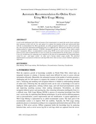 Automatic Recommendation for Online Users Using Web Usage Mining | PDF