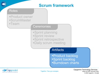 Scrum framework © 2008 Capgemini - All rights reserved Robert de Wolff, November 2008 Product owner ScrumMaster Team Roles Sprint planning Sprint review Sprint retrospective Daily scrum meeting Ceremonies Product backlog Sprint backlog Burndown charts Artifacts 