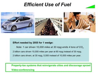 Efficient Use of Fuel Effort needed by 2055 for 1 wedge: Note: 1 car driven 10,000 miles at 30 mpg emits 4 tons of CO 2 . 2 billion cars driven 10,000 miles per year at 60 mpg instead of 30 mpg. 2 billion cars driven, at 30 mpg, 5,000 instead of 10,000 miles per year. Property-tax systems that reinvigorate cities and discourage sprawl Video-conferencing  