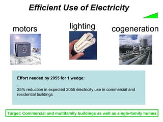 Efficient Use of Electricity lighting motors cogeneration Effort needed by 2055 for 1 wedge: . 25% reduction in expected 2055 electricity use in commercial and residential buildings  Target: Commercial and multifamily buildings as well as single-family homes 