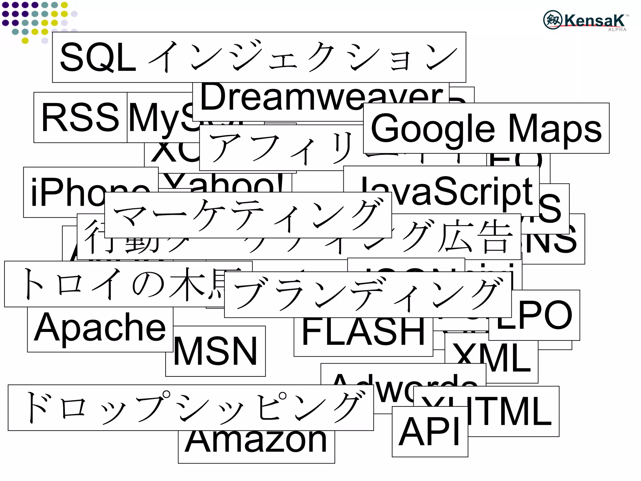Google Yahoo! MSN SNS ブログ XOOPS PHP MySQL Perl AJAX SEO Overture アフィリエイト XML RSS CMS Apache Adwords ディレクション FLASH Dreamweaver mixi Amazon XHTML CSS JavaScript Google Maps iPhone LPO ドロップシッピング 行動ターゲティング広告 JSON トロイの木馬 SQL インジェクション API ブランディング マーケティング 