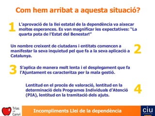 1 Com hem arribat a aquesta situació? L’aprovació de la llei estatal de la dependència va aixecar moltes esperances. Es van magnificar les expectatives: “La quarta pota de l’Estat del Benestar!” 2 Un nombre creixent de ciutadans i entitats comencen a manifestar la seva inquietud pel que fa a la seva aplicació a Catalunya. 3 S’aplica de manera molt lenta i el desplegament que fa l’Ajuntament es caracteritza per la mala gestió. 4 Lentitud en el procés de valoració, lentitud en la determinació dels Programes Individuals d’Atenció (PIA), lentitud en la tramitació dels ajuts. 