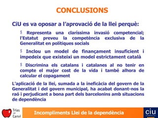 CONCLUSIONS CiU es va oposar a l’aprovació de la llei perquè: Representa una claríssima invasió competencial; l’Estatut preveu la competència exclusiva de la Generalitat en polítiques socials Inclou un model de finançament insuficient i impedeix que existeixi un model estrictament català Discrimina els catalans i catalanes al no tenir en compte el major cost de la vida i també alhora de calcular el copagament L’aplicació de la llei, sumada a la ineficàcia del govern de la Generalitat i del govern municipal, ha acabat donant-nos la raó i perjudicant a bona part dels barcelonins amb situacions de dependència 