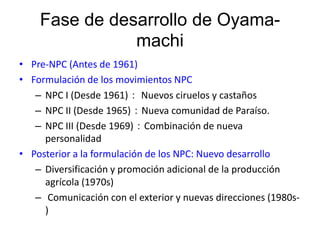 Fase de desarrollo de Oyama-
               machi
• Pre-NPC (Antes de 1961)
• Formulación de los movimientos NPC
   – NPC I (Desde 1961)： Nuevos ciruelos y castaños
   – NPC II (Desde 1965)：Nueva comunidad de Paraíso.
   – NPC III (Desde 1969)：Combinación de nueva
     personalidad
• Posterior a la formulación de los NPC: Nuevo desarrollo
   – Diversificación y promoción adicional de la producción
     agrícola (1970s)
   – Comunicación con el exterior y nuevas direcciones (1980s-
     )
 