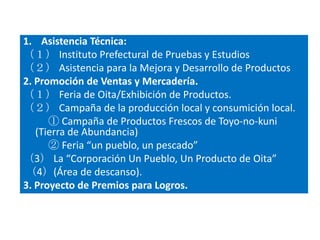 1. Asistencia Técnica:
（１） Instituto Prefectural de Pruebas y Estudios
（２） Asistencia para la Mejora y Desarrollo de Productos
2. Promoción de Ventas y Mercadería.
（１） Feria de Oita/Exhibición de Productos.
（２） Campaña de la producción local y consumición local.
      ① Campaña de Productos Frescos de Toyo-no-kuni
   (Tierra de Abundancia)
      ② Feria “un pueblo, un pescado”
（3） La “Corporación Un Pueblo, Un Producto de Oita”
（4）(Área de descanso).
3. Proyecto de Premios para Logros.
 