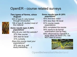 OpenER - course related surveys Two types of forms, since August: 643 of type A: only looked through introduction 156 of type B: studied most of the material Some results type A (80% population) Why do you visit this website? 37% free course 35% test for level 31% curiosity Does this course meet your expectations? 97% yes (e.g. self study,interesting, . . .) Some results type B (20% population) 45% first time visitor 50% less than HE level  81% course meets expectations 66% completed the course 54% wants to do formal examination (not for free) 69% influenced by OpenER in study plans (of which 3%: I do NOT want to study) 