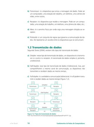 b)	 Transmissor: é o dispositivo que envia a mensagem de dados. Pode ser
um computador, uma estação de trabalho, um telefone, uma câmera de
vídeo, entre outros;
c)	 Receptor: é o dispositivo que recebe a mensagem. Pode ser um compu-
tador, uma estação de trabalho, um telefone, uma câmera de vídeo, etc.;
d)	 Meio: é o caminho físico por onde viaja uma mensagem dirigida ao re-
ceptor;
e)	 Protocolo: é um conjunto de regras que governa a comunicação de da-
dos. Ele representa um acordo entre os dispositivos que se comunicam.
1.2 Transmissão de dados
Segundo Torres (2004), existem três tipos de transmissão de dados:
a)	 Simplex: nesse tipo de transmissão de dados, um dispositivo é o transmis-
sor e o outro é o receptor. A transmissão de dados simplex é, portanto,
unidirecional;
b)	 Half-duplex: esse tipo de transmissão de dados é bidirecional, mas, por
compartilharem o mesmo canal de comunicação, os dispositivos não
transmitem e recebem dados ao mesmo tempo;
c)	 Full-duplex: é a verdadeira comunicação bidirecional. A e B podem trans-
mitir e receber dados ao mesmo tempo (Figura 1.2).
Figura 1.2: Tipos de transmissão de dados
Fonte: http://www.letronet.com.br/psist/ppesq/ppesqlivcap/ppesqtf/ppesqtfd1/tptf1/tf1-1.jpg
Fundamentos de Redes de Computadorese-Tec Brasil 14
 