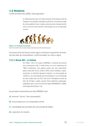 1.3 História
Conforme Morimoto (2008c, [não paginado]),
as redes passaram por um longo processo de evolução antes de
chegarem aos padrões utilizados atualmente. As primeiras redes
de computadores foram criadas ainda durante a década de 60,
como uma forma de transferir informações de um computador
a outro.
Figura 1.3: Evolução do homem
Fonte: http://conhecimento.incubadora.fapesp.br/portal/arquivos/mhashimo/evolucao.gif
Uma breve linha do tempo mostra alguns momentos importantes da evolu-
ção das redes de computadores, conforme podem ser vistos a seguir.
1.3.1 Anos 60 – o início
De 1969 a 1972, foi criada a ARPANET, o embrião da Internet
que conhecemos hoje. A rede entrou no ar em dezembro de
1969, inicialmente, com apenas quatro nós, que respondiam
pelos nomes SRI, UCLA, UCSB e UTAH e eram sediados, respec-
tivamente, no Stanford Research Institute, na Universidade da
Califórnia, na Universidade de Santa Barbara e na Universidade
de Utah, todas elas nos EUA. Eles eram interligados através de
links de 50 kbps, criados usando linhas telefônicas dedicadas,
adaptadas para o uso como link de dados (MORIMOTO, 2008b,
[não paginado]) [Figura 1.4].
As principais características da rede ARPANET eram:	
a)	 terminais “burros” (sem processador);
b)	 comunicação com um computador central;
c)	 consolidação dos princípios de comunicação de dados;
d)	 surgimento do modem;
e-Tec BrasilAula 1 - Arquitetura de redes e meios de transmissão 15
 