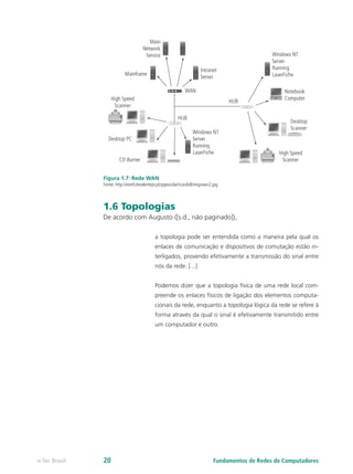 Figura 1.7: Rede WAN
Fonte: http://esmf.drealentejo.pt/pgescola/ricardo8/img/wan2.jpg
1.6 Topologias
De acordo com Augusto ([s.d., não paginado]),
a topologia pode ser entendida como a maneira pela qual os
enlaces de comunicação e dispositivos de comutação estão in-
terligados, provendo efetivamente a transmissão do sinal entre
nós da rede. [...]
Podemos dizer que a topologia física de uma rede local com-
preende os enlaces físicos de ligação dos elementos computa-
cionais da rede, enquanto a topologia lógica da rede se refere à
forma através da qual o sinal é efetivamente transmitido entre
um computador e outro.
Fundamentos de Redes de Computadorese-Tec Brasil 20
 