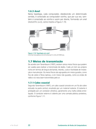 1.6.3 Anel
Nesta topologia, cada computador, obedecendo um determinado
sentido, é conectado ao computador vizinho, que por sua vez, tam-
bém é conectado ao vizinho e assim por diante, formando um anel
(AUGUSTO, [s.d.]), como mostra a Figura 1.10.
Figura 1.10: Topologia em anel
Fonte:http://www.gdhpress.com.br/hmc/leia/cap13-3_html_43145965.png
1.7 Meios de transmissão
De acordo com Tanembaum (1997), existem vários meios físicos que podem
ser usados para realizar a transmissão de dados. Cada um tem seu próprio
nicho em termos de largura de banda, retardo, custo e facilidade de instala-
ção e manutenção. Os meios físicos são agrupados em meios guiados, como
fios de cobre e fibras ópticas, e em meios não guiados, como as ondas de
rádio e os raios laser transmitidos pelo ar.
1.7.1 Cabo coaxial
Segundo Tanembaum (1997), um cabo coaxial consiste em um fio de cobre
esticado na parte central, envolvido por um material isolante. O isolante é
protegido por um condutor cilíndrico, geralmente uma malha sólida entre-
laçada. O condutor externo é coberto por uma camada plástica protetora,
conforme Figura 1.11.
Fundamentos de Redes de Computadorese-Tec Brasil 22
 