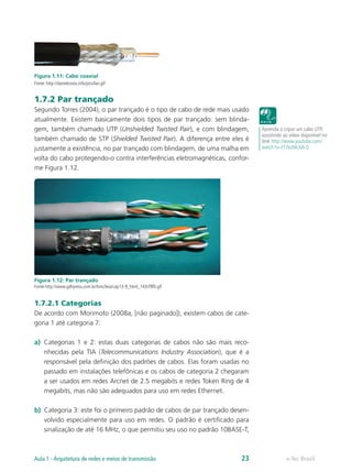 Figura 1.11: Cabo coaxial
Fonte: http://danielcosta.info/pics/lan.gif
1.7.2 Par trançado
Segundo Torres (2004), o par trançado é o tipo de cabo de rede mais usado
atualmente. Existem basicamente dois tipos de par trançado: sem blinda-
gem, também chamado UTP (Unshielded Twisted Pair), e com blindagem,
também chamado de STP (Shielded Twisted Pair). A diferença entre eles é
justamente a existência, no par trançado com blindagem, de uma malha em
volta do cabo protegendo-o contra interferências eletromagnéticas, confor-
me Figura 1.12.
Figura 1.12: Par trançado
Fonte:http://www.gdhpress.com.br/hmc/leia/cap13-9_html_143cf9f0.gif
1.7.2.1 Categorias
De acordo com Morimoto (2008a, [não paginado]), existem cabos de cate-
goria 1 até categoria 7:
a)	 Categorias 1 e 2: estas duas categorias de cabos não são mais reco-
nhecidas pela TIA (Telecommunications Industry Association), que é a
responsável pela definição dos padrões de cabos. Elas foram usadas no
passado em instalações telefônicas e os cabos de categoria 2 chegaram
a ser usados em redes Arcnet de 2.5 megabits e redes Token Ring de 4
megabits, mas não são adequados para uso em redes Ethernet.
b)	 Categoria 3: este foi o primeiro padrão de cabos de par trançado desen-
volvido especialmente para uso em redes. O padrão é certificado para
sinalização de até 16 MHz, o que permitiu seu uso no padrão 10BASE-T,
Aprenda a cripar um cabo UTP,
assistindo ao vídeo disponível no
link http://www.youtube.com/
watch?v=f17ezMcXA-0
e-Tec BrasilAula 1 - Arquitetura de redes e meios de transmissão 23
 