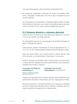 Montagem e Manutenção de Microcomputadores e Servidorese-Tec Brasil 54
Caso você falasse japonês, talvez não tivesse conseguido lanchar.
Na situação do computador, a solicitação do usuário foi atendida; entre-
tanto, a linguagem utilizada pelo micro não é igual à linguagem que nós
usuários utilizamos.
Os computadores só compreendem a linguagem digital, também chamada
sistema binário ou base dois, que consiste na utilização de apenas dois alga-
rismos; o zero (0) e um (1), como se fossem apagado (0) e aceso (1).
5.2 Sistema binário e sistema decimal
Sistema binário é um sistema que utiliza apenas dois algarismos, o zero (0) e
o um (1), que também é chamado base dois.
Os computadores operam com essa linguagem, denominada linguagem di-
gital ou linguagem de máquina.
Sistema decimal, também chamado base 10, utiliza os dez algarismos (0, 1, 2,
3, 4, 5, 6, 7, 8, 9). É o sistema padrão utilizado universalmente pelos usuários.
Agora que você já sabe o que é sistema binário e sistema decimal, saiba
como converter um número de base 10 para base 2, ou vice-versa.
Tendo em vista que o computador utiliza o sistema binário e o usuário utiliza
o sistema decimal, linguagem de comunicação diferente, como é possível a
interação entre homem e máquina?
Linguagem da Máquina
Sistema Binário: 0, 1
Linguagem do Usuário
Sistema Decimal: 0, 1, 2, 3, 4, 5, 6, 7, 8, 9
Figura 5.1: Números binários
Fonte: Elaborada pela autora
Imagine uma negociação entre dois países que falam idiomas diferentes. Seus
representantes não falam a mesma língua, por isso a negociação fica inviável.
Quando isso acontece, é necessário contarmos com a ajuda de um intérprete
que tenha conhecimento dos dois idiomas. Portanto, o intérprete faz a tra-
dução e possibilita a interação entre os representantes.
 