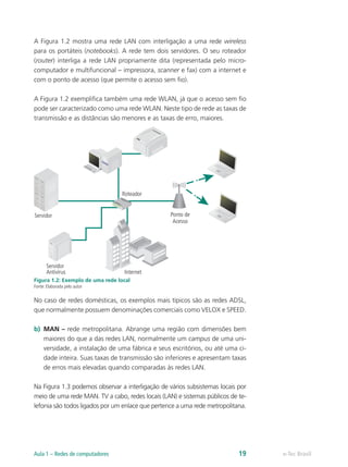 A Figura 1.2 mostra uma rede LAN com interligação a uma rede wireless 
para os portáteis (notebooks). A rede tem dois servidores. O seu roteador 
(router) interliga a rede LAN propriamente dita (representada pelo micro-computador 
e multifuncional – impressora, scanner e fax) com a internet e 
com o ponto de acesso (que permite o acesso sem fio). 
A Figura 1.2 exemplifica também uma rede WLAN, já que o acesso sem fio 
pode ser caracterizado como uma rede WLAN. Neste tipo de rede as taxas de 
transmissão e as distâncias são menores e as taxas de erro, maiores. 
Roteador 
Servidor 
Antivírus Internet 
Ponto de 
Acesso 
Servidor 
Figura 1.2: Exemplo de uma rede local 
Fonte: Elaborada pelo autor 
No caso de redes domésticas, os exemplos mais típicos são as redes ADSL, 
que normalmente possuem denominações comerciais como VELOX e SPEED. 
b) MAN – rede metropolitana. Abrange uma região com dimensões bem 
maiores do que a das redes LAN, normalmente um campus de uma uni-versidade, 
a instalação de uma fábrica e seus escritórios, ou até uma ci-dade 
inteira. Suas taxas de transmissão são inferiores e apresentam taxas 
de erros mais elevadas quando comparadas às redes LAN. 
Na Figura 1.3 podemos observar a interligação de vários subsistemas locais por 
meio de uma rede MAN. TV a cabo, redes locais (LAN) e sistemas públicos de te-lefonia 
são todos ligados por um enlace que pertence a uma rede metropolitana. 
Aula 1 – Redes de computadores 19 e-Tec Brasil 
 