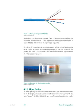 Figura 4.5: Cabo par trançado UTP CAT5e 
Fonte: CEAD/IFES (2011) 
Atualmente, os cabos de par trançado CAT6 e CAT6a garantem melhor qua-lidade 
em transmissões de 1 Gbps e permitem interligação de redes de 10 
Gbps (10 GbE – Ethernet de 10 gigabits por segundo). 
Os cabos UTP necessitam de um conector para se ligar às interfaces de rede 
ou às portas do switch do tipo RJ-45 (Figura 4.6). Eles são instalados nas 
pontas dos cabos UTP utilizando uma ferramenta chamada popularmente 
de “alicate de crimpagem”. 
Figura 4.6: Conector RJ-45 crimpado no cabo 
Fonte: CEAD/IFES (2011) 
4.2.2 Fibra óptica 
As fibras ópticas já se tornaram conhecidas e são usadas até como instrumen-to 
de decoração, graças à sua capacidade de direcionar a luz, levando-a a 
fazer “curvas”. Também já é sabido que esses feixes de luz podem ser usados 
e-Tec Brasil 58 Redes de Computadores 
 