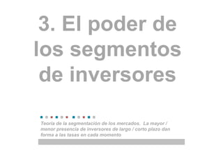 3. El poder de
los segmentos
de inversores
Teoría de la segmentación de los mercados. La mayor /
menor presencia de inversores de largo / corto plazo dan
forma a las tasas en cada momento
 