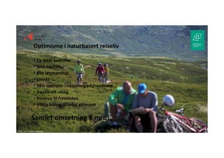 • Ca 3000 bedrifter
• Små bedrifter
• Økt lønnsomhet
• Livsstil
• 38% opererer i nasjonalpark/randsone
• Bærekraft viktig
• Positive til fremtiden
• Viktig bidrag til lokal økonomi
Optimisme i naturbasert reiseliv
Samlet omsetning 3 mrd!
Foto:  C.H. – Visitnorway.com
 