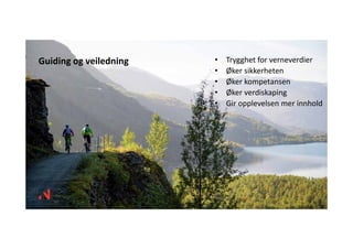 • Trygghet for verneverdier
• Øker sikkerheten 
• Øker kompetansen
• Øker verdiskaping
• Gir opplevelsen mer innhold
Guiding og veiledning
• Foto: Sverre Hjørnevik / Innovation Norway
 