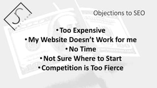 Objections to SEO
•Too Expensive
•My Website Doesn’t Work for me
•No Time
•Not Sure Where to Start
•Competition is Too Fierce
 