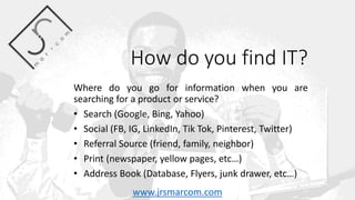 How do you find IT?
Where do you go for information when you are
searching for a product or service?
• Search (Google, Bing, Yahoo)
• Social (FB, IG, LinkedIn, Tik Tok, Pinterest, Twitter)
• Referral Source (friend, family, neighbor)
• Print (newspaper, yellow pages, etc…)
• Address Book (Database, Flyers, junk drawer, etc…)
www.jrsmarcom.com
 