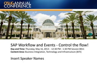 SAP Workflow and Events - Control the flow!
Day and Time: Thursday, May 16, 2013 - 12:30 PM - 1:30 PM Session 0811
Content Area: Business Integration, Technology and Infrastructure (BITI)
Insert Speaker Names
 
