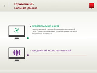 9
Стратегия ИБ
Большие данные
событий в единой городской инфокоммуникационной
среде Правительства Москвы для выявления возможной
вредоносной активности
ИНТЕЛЛЕКТУАЛЬНЫЙ АНАЛИЗ
ПОВЕДЕНЧЕСКИЙ АНАЛИЗ ПОЛЬЗОВАТЕЛЕЙ
 