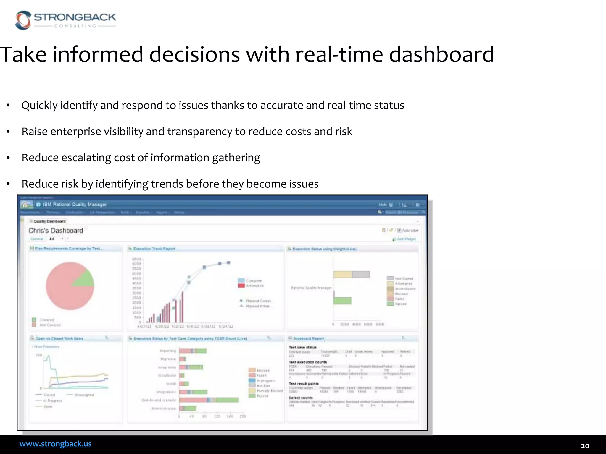 Take informed decisions with real-time dashboard
• Quickly identify and respond to issues thanks to accurate and real-time status
• Raise enterprise visibility and transparency to reduce costs and risk
• Reduce escalating cost of information gathering
• Reduce risk by identifying trends before they become issues

www.strongback.us

20

 