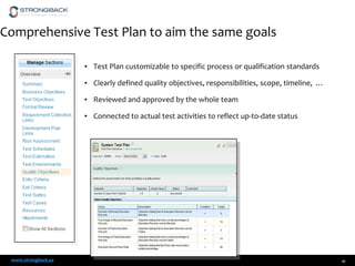 Comprehensive Test Plan to aim the same goals
• Test Plan customizable to specific process or qualification standards
• Clearly defined quality objectives, responsibilities, scope, timeline, …
• Reviewed and approved by the whole team
• Connected to actual test activities to reflect up-to-date status

www.strongback.us

11

 