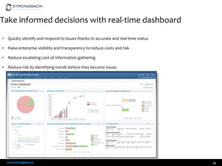 Take informed decisions with real-time dashboard
• Quickly identify and respond to issues thanks to accurate and real-time status
• Raise enterprise visibility and transparency to reduce costs and risk
• Reduce escalating cost of information gathering
• Reduce risk by identifying trends before they become issues

www.strongback.us

20

 