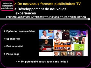 > De nouveaux formats publicitaires TV  Nouvelles expressions publicitaires  > Développement de nouvelles  expériences PERSONNALISATION, INTERACTIVITE, FLEXIBILITE, EDITORIALISATION > Opération cross médias  > Sponsoring > Événementiel > Parrainage >>> Un potentiel d’association sans limite ! 