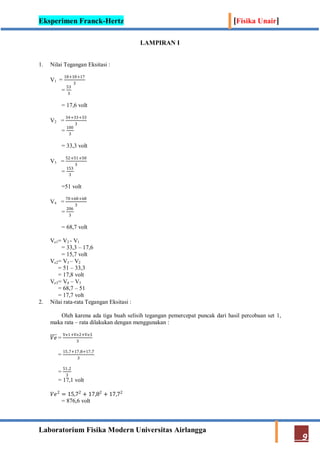 Eksperimen Franck-Hertz [Fisika Unair]
Laboratorium Fisika Modern Universitas Airlangga
9
LAMPIRAN I
1. Nilai Tegangan Eksitasi :
V1 =
18+18+17
3
=
53
3
= 17,6 volt
V2 =
34+33+33
3
=
100
3
= 33,3 volt
V3 =
52+51+50
3
=
153
3
=51 volt
V4 =
70+68+68
3
=
206
3
= 68,7 volt
Ve1= V2 - V1
= 33,3 – 17,6
= 15,7 volt
Ve2= V3 – V2
= 51 – 33,3
= 17,8 volt
Ve3= V4 – V3
= 68,7 – 51
= 17,7 volt
2. Nilai rata-rata Tegangan Eksitasi :
Oleh karena ada tiga buah selisih tegangan pemercepat puncak dari hasil percobaan set 1,
maka rata – rata dilakukan dengan menggunakan :
𝑉𝑒 =
Ve1+Ve2+Ve3
3
=
15,7+17,8+17,7
3
=
51,2
3
= 17,1 volt
𝑉𝑒2
= 15,72
+ 17,82
+ 17,72
= 876,6 volt
 