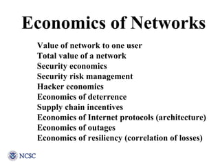 Economics of Networks Value of network to one user Total value of a network Security economics Security risk management Ha...